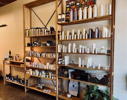 A full array of Davines and Innersense shampoo, conditioner and styling products.