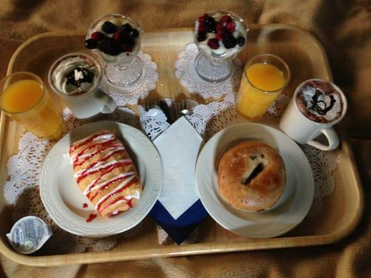 Breakfast (Raspberry Croissant & Cinnamon Bagel, with Hot Coco and Orange Juice