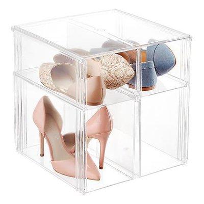 Clear lucite shoe containers are a great way to keep your special shoes visible and clean and dust free.