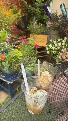 Two affogatos and outdoor seating in the beautiful garden out front