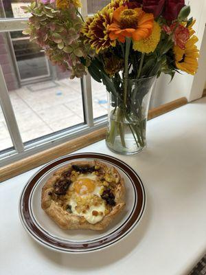 Corn Jalapeño goat cheese and egg galette