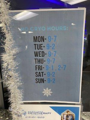 Scheduled Hours for Maryland Cryotherapy located inside of Golds Gym Crofton, MD.