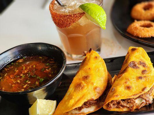 Tamarind margarita, birria tacos.