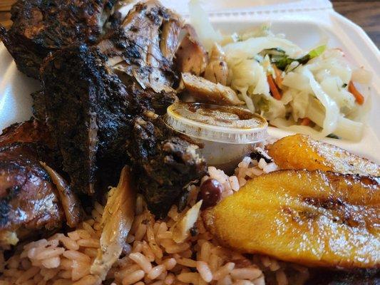 Jerk Chicken, rice & plantains. Oh, and braised cabbage with carrots.