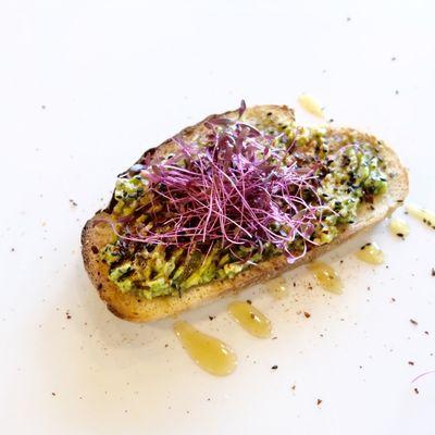 Fire Flour-local sourdough, mashed avo, local honey, local amaranth sprouts, red pepper, black sesame + cayenne