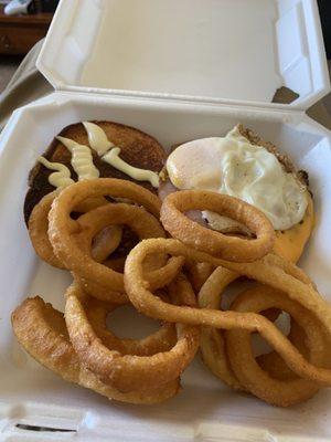 Barnyard burger with onion rings