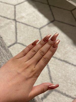 Apres gel extension, rose gold chrome