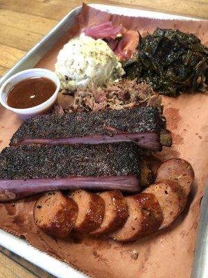 3 Meat Plate: Hot Link, Ribs, Pulled Pork, Potato Salad, Collard Greens