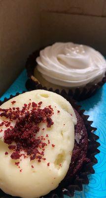 Red velvet and wedding cake, the liners were under filled and the ratio of frosting was off to say the cupcakes were huge.