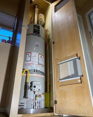 Check out this new 40 Gallon Water Heater 
replacement inside a kitchen closet fully permitted and up to local and estate codes