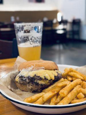 Oklahoma onion burger with fries and a local hazy IPA from Nook!