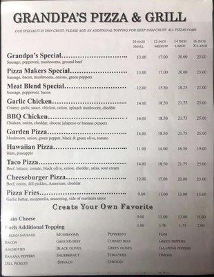 Pizza Menu