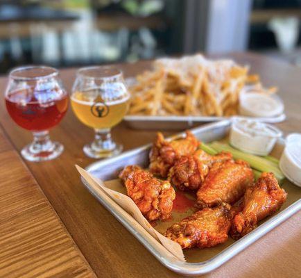 Buffalo Wings w/ bleu cheese+ ranch dressing (6 pc - $10) & Truffle Skinny Fries ($10) w/ aioli (.50 cents)