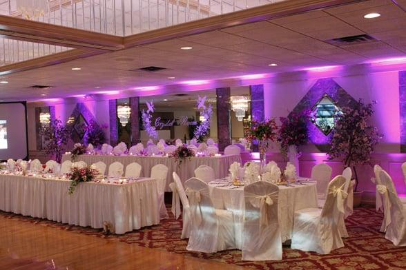 Up or Ambient lighting. Also, projection screen for slide show. NJ wedding reception