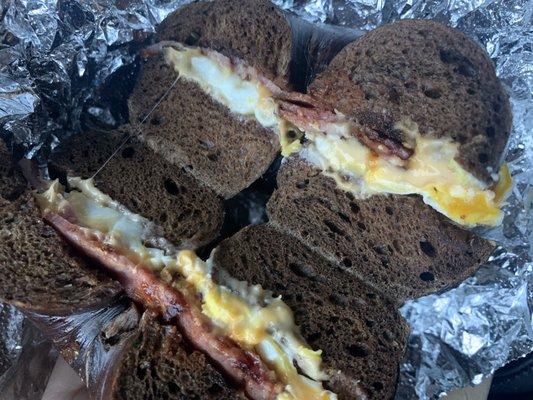 Turkey bacon egg and cheese on a pumpernickel rye bagel