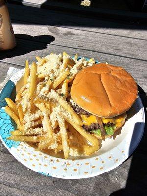 Double cheeseburger, garlic parmesan fries.