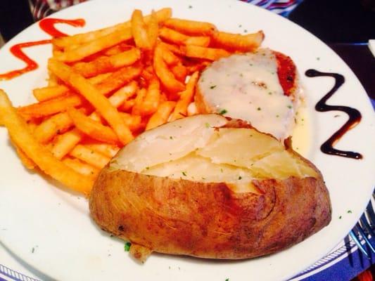 Grilled Tuna, baked potato and French fries.