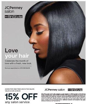 February 2020 Service Promotion.   15% off any salon service!   Must be mentioned at time of booking.   Valid 2/1/20-2/29/20