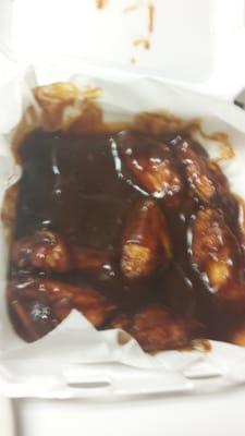 The "BBQ wings". Wings put in a box and then drowned in BBQ sauce.