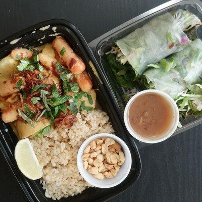 Yellow Tofu Curry ($10) and Tofu and Veg spring rolls($5.49). Vegan