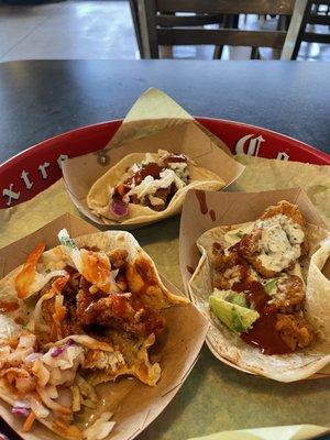 fried chicken taco , uptown taco and shrimp taco