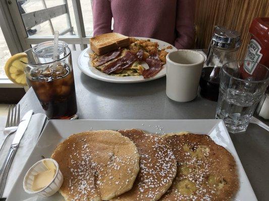 My go to Banana Pancakes and my friends 3 Egg Spinach Omelette with Cheese Side of Turkey Bacon