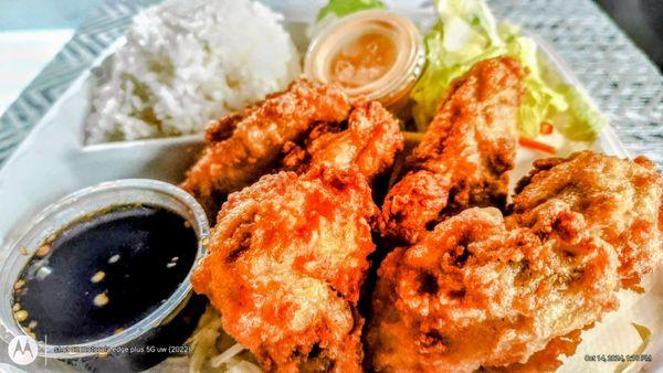 Fried Korean Chicken Drumettes served w/ Korean Sauce on-the-side, White Rice + Tossed Greens w/ 1000 Island Dressing