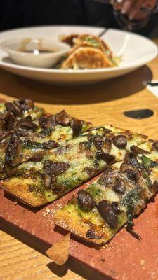 Wild mushroom flatbread & Pan seared Pork Potstickers