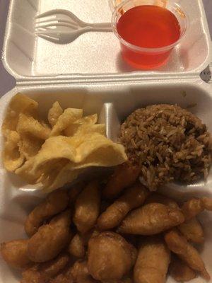 Crab Rangoons, fried rice, and sweet and sour chicken.