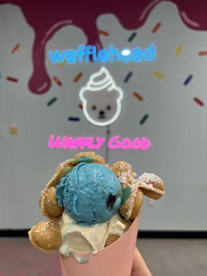 Bubble Waffle with Cookie Monster & Butter Pecan Ice Cream Scoops