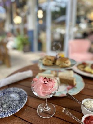 Cotton candy rose cocktail and an afternoon tea.