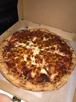 This is a "pepperoni" pizza. 2 pepperoni max per slice. First and last time trying this place out.