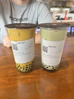 Mango Milk Tea and Japanese Matcha Milk Tea