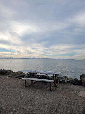 Picnic tables all along the park. And next to the truck.