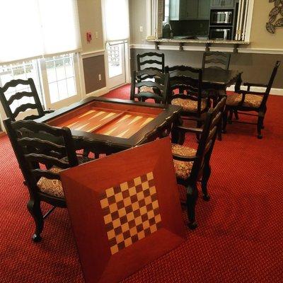 Carriage Hill Condo Assoc. Clubhouse's Game tables and matching chairs all restored and refinished.