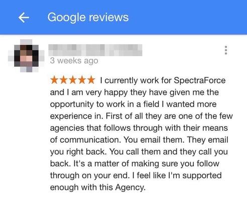 Google Reviews by some of our loyal employees to debunk all the myths and misunderstandings you may have about Spectraforce!