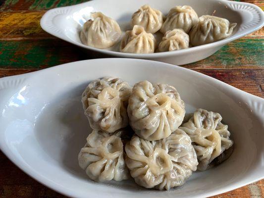 Vegetarian Momo (close) and Beef Momo (far).