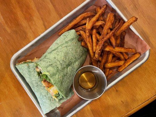 Buffalo Chicken Wrap and Sweet Potato fries