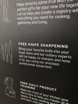 It's only free for the first knife and $5 for each additional knife. If you only bring in one knife though it's not free, it's $5.