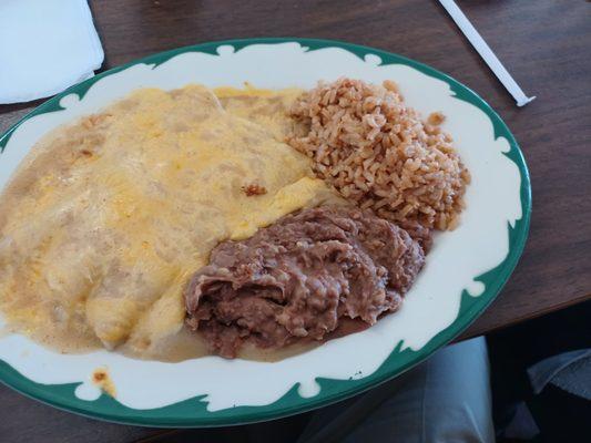 Three cheese enchilada plate with rice and beans.