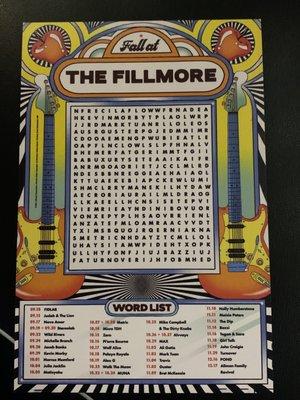 Cute and smart crossword to promote upcoming shows at The Fillmore in the restaurant room.