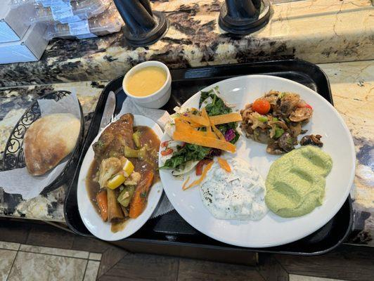 Spinach Hummus Dip, Tzatziki Dip, Balsamic Mushrooms, Spinach & Cabbage Salad, Broiled Lamb Shank, Zatar Bread