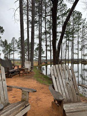 Outdoor seating by the pond