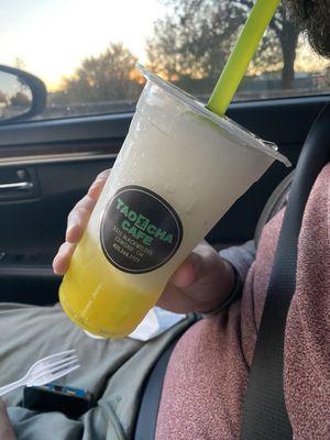 Lychee smoothie with mango boba.