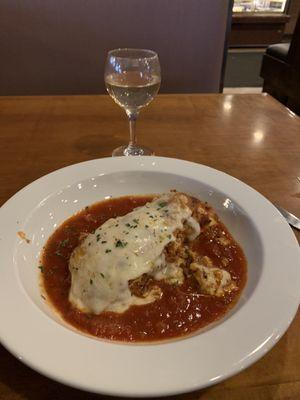 Lasagna and a glass of wine