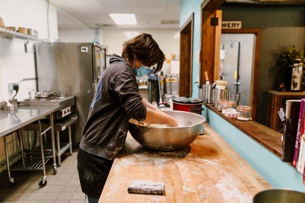 Our pie crust is all made right here, with love, and a little bit of elbow grease.