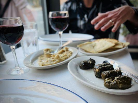 Started off our early dinner with wine and delicious Dolmades