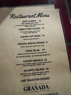 Dinner menu