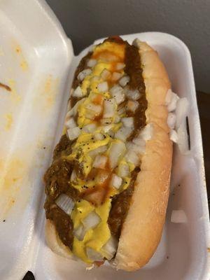 Classic Coney Dog with a dash of hot sauce