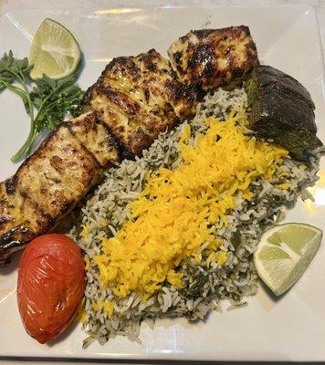 Grilled white fish with rice and herbs.